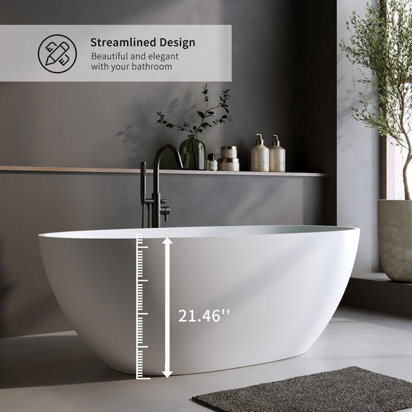 English Elm 66.9″solid Stone Resin Freestanding Bathtub Oval Matte White Soaking Tub Thermal Walls W2753P307870