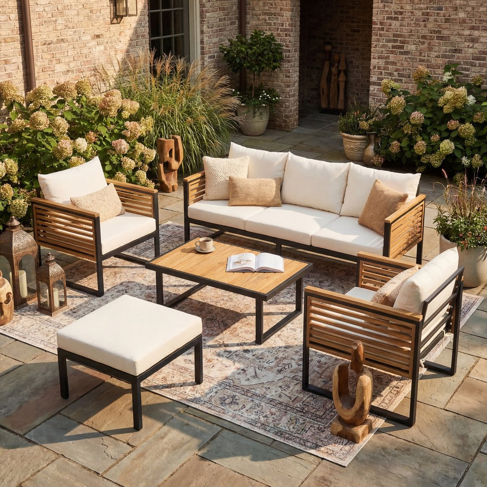 English Elm Outdoor Acacia Wood Iron Frame Patio Sofa Set with High Back Cushioned Seating N757S554897B