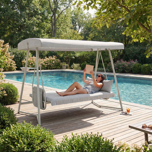 English Elm 3-in-1 Outdoor Hanging Swing Bed Steel Frame 600 Lb Capacity Adjustable Canopy Patio Lounger Champagne White W3979P394109