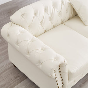 English Elm 85.8" Living Room Chesterfield Sofa with Storage Classic Tufted PU Upholstery Solid Wood Frame, 3-Seater Comfort Ivory White W1097S00150