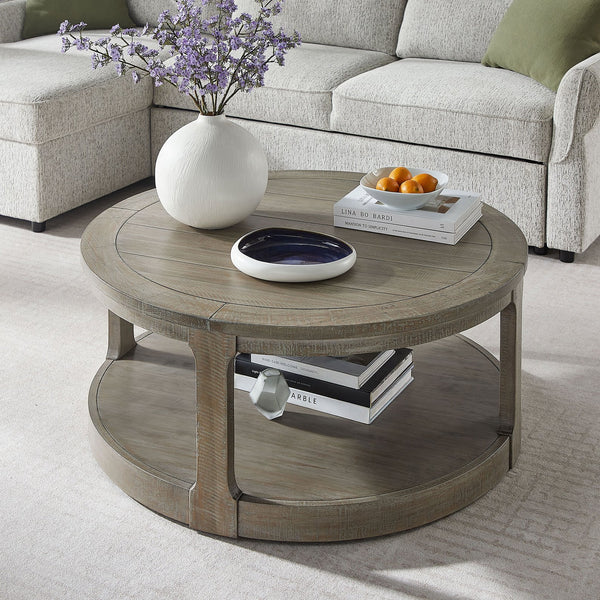 English Elm 40inch Two Tier Round Pine Wood Coffee Table with Wheels Rustic Vintage Living Room W2582P308198