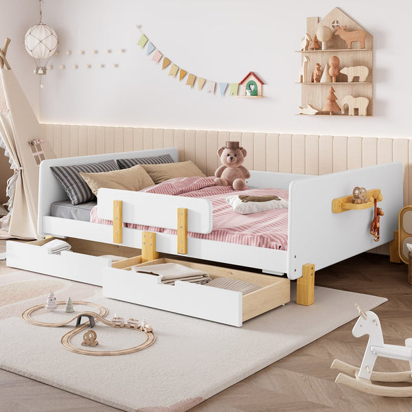 English Elm Twin Low Profile Kids Floor Bed Pine Wood Frame with Safety Rail and Built in Bookshelf Light White W1580P373244