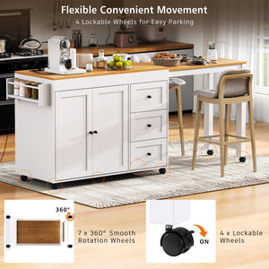 English Elm K&K 43.3" Kitchen Island with 27.6" Extendable Dining Table, Power Outlet, 7 Wheels, Ample Storage White N707P303401W