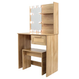 English Elm Vanity Desk Set Stool & Dressing Table With Led Lighting Mirror Drawer and Compartments Modern Wood Cosmetic Table Chest Of Drawers Nature Color