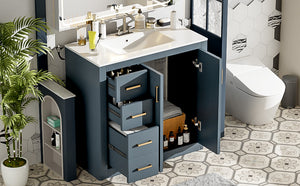 English Elm 36'' Bathroom Vanity with Ceramic Sink Combo, Solid Wood Frame, Soft-Close Drawers and Stylish Retro Groove Design Blue N710P291684C