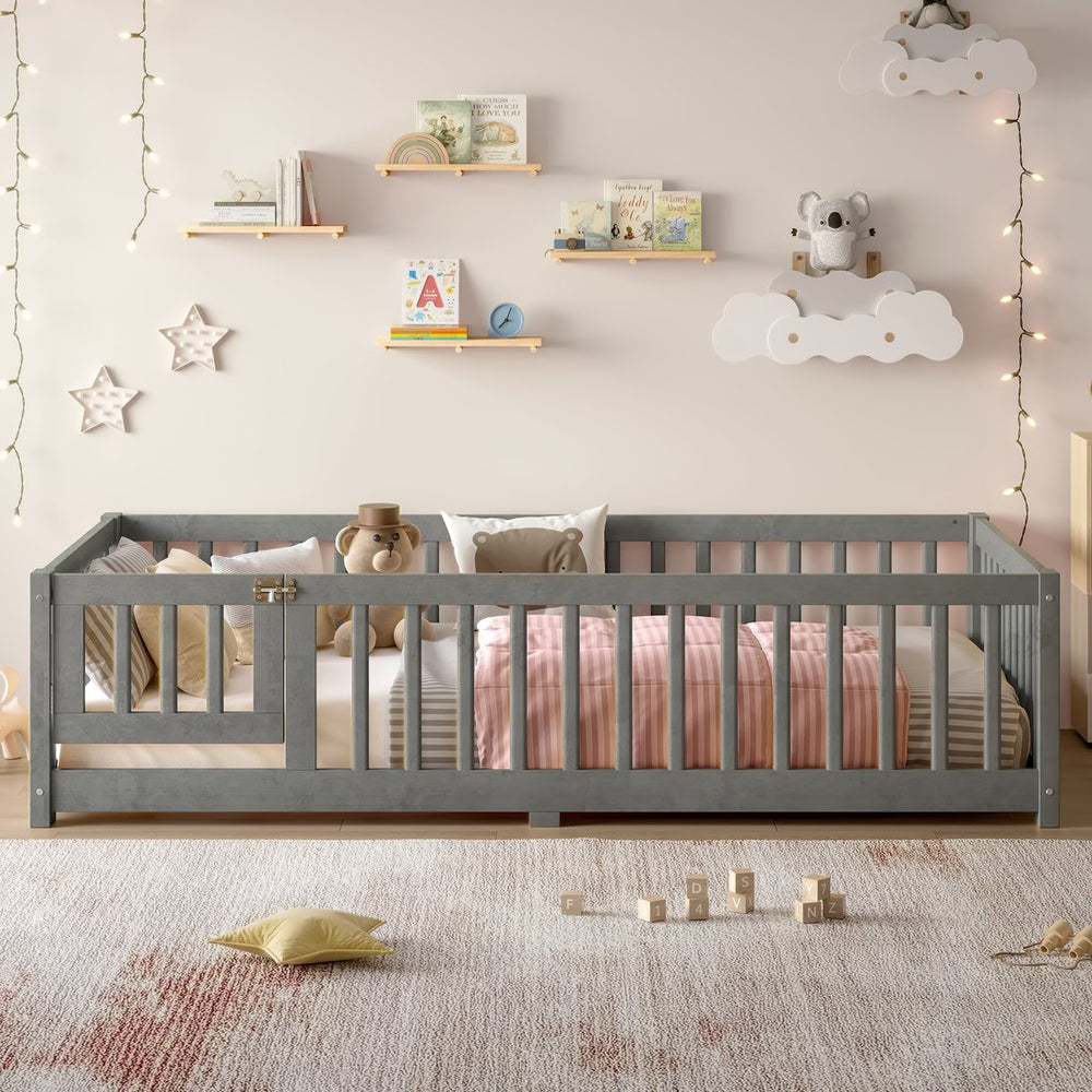 English Elm Twin Floor Bed Solid Pine Frame with Guardrails and Door for Safe Kid Sleep W1580P433575