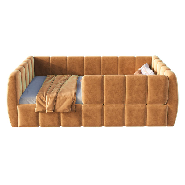 English Elm Upholstered Velvet Toddler Daybed with Removable Guardrails and Solid Slat Support Orange N899P452426C