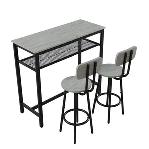 English Elm Bar Pub Table and 2 Stools Set – Space-Saving Grey MDF & Steel Bistro Dining Set for Kitchen, Party Room, Compact Living W578P304319