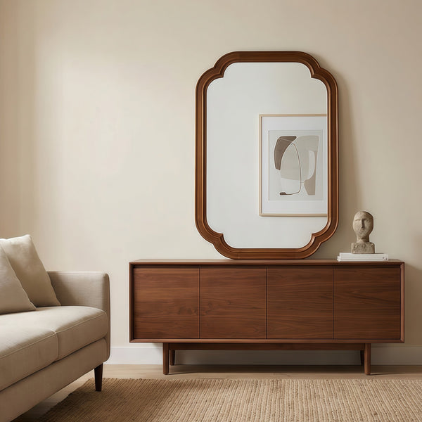 English Elm Black Walnut Solid Wood Frame Mirror with Rounded Corners for Bedroom or Entryway W2203P455260