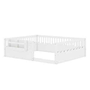 English Elm Queen Low Profile Kids Floor Bed with Guardrails Bookshelf and Pine Wood Frame White W1580P373142