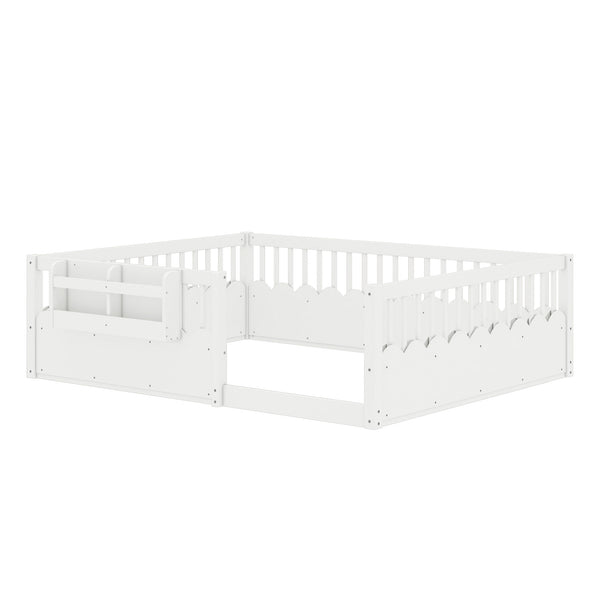 English Elm Queen Low Profile Kids Floor Bed with Guardrails Bookshelf and Pine Wood Frame White W1580P373142