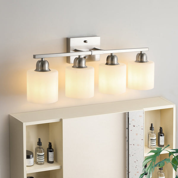 English Elm Brushed Nickel 4-Light Modern Bathroom Vanity Fixture With Frosted Glass Shades For Elegant Lighting W2312P374851