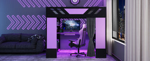 English Elm Full Size Loft Bed with Desk Blackout Curtains Rgb Lighting and Integrated Storage Purple+Black LT000377AAI