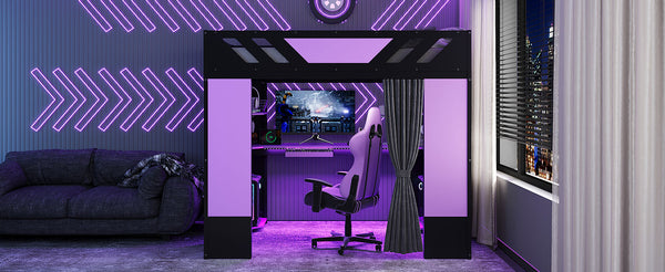 English Elm Full Size Loft Bed with Desk Blackout Curtains Rgb Lighting and Integrated Storage Purple+Black LT000377AAI