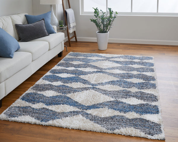 Feizy Rugs Mynka High-pile Geometric Area Rug - Pet-friendly, Stain Resistant, Stylish For High Traffic Spaces Ivory,Gray,Blue Polyester Myn39iffblugryp00
