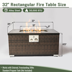 English Elm 32" Propane Fire Pit Table 50000 BTU Rectangular Ceramic Tile Top Wicker Base Pulse Ignition Outdoor W85335465