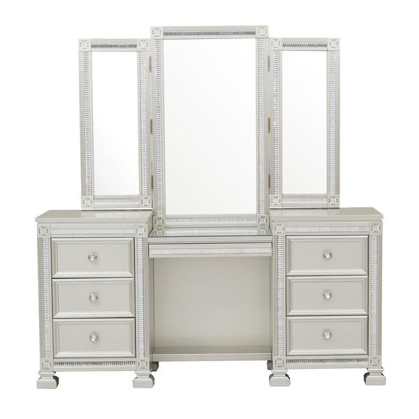 English Elm Traditional Creamy White Vanity Set with Stool, Tri-Fold Mirror, USB Port, Silver Accents, 72"W elegante B2741S00675