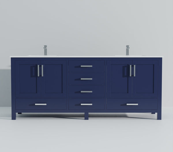 English Elm Navy Double Bath Vanity 80" W x 22" D with White Quartz Top, 2 Cabinets, 6 Drawers, Chrome Faucet B2731P259140