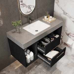 English Elm 39.4 Inch Floating Bathroom Vanity Sintered Stone Top Solid Wood 2 Soft Close Drawers W3136S00037