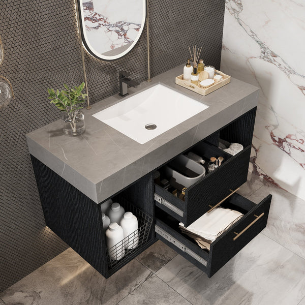 English Elm 39.4 Inch Floating Bathroom Vanity Sintered Stone Top Solid Wood 2 Soft Close Drawers W3136S00037