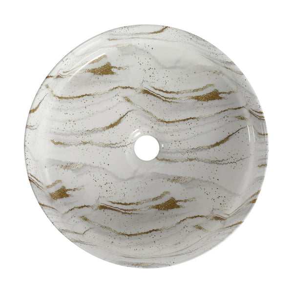 English Elm Ceramic Art Vessel Sink Above Counter – Elegant Gold Line Pattern, Durable Glaze, Easy-Clean Finish White+Gold W999P346769
