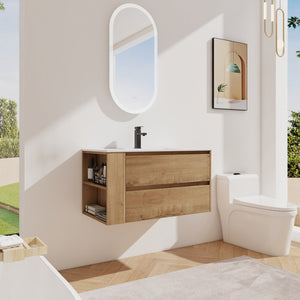 English Elm 36" Wall Mounting Bathroom Vanity With Ceramic Sink, Side Adjustable Shelf, Soft-Close Drawers, Water-Resistant Plywood Finish W999S00142
