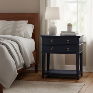 English Elm Carmona Midnight Blue Tray Top Nightstand with Two Drawers, Open Shelf, Brushed Gold Ring Pulls Dark Blue B050P376935