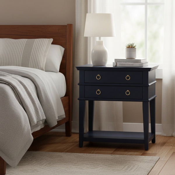 English Elm Carmona Midnight Blue Tray Top Nightstand with Two Drawers, Open Shelf, Brushed Gold Ring Pulls Dark Blue B050P376935