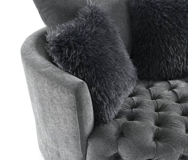 English Elm Dark Gray Channel Tufted Swivel Chair 360° Rounded Barrel Design with Curved Arms and Pillow Comfort B2741P400835