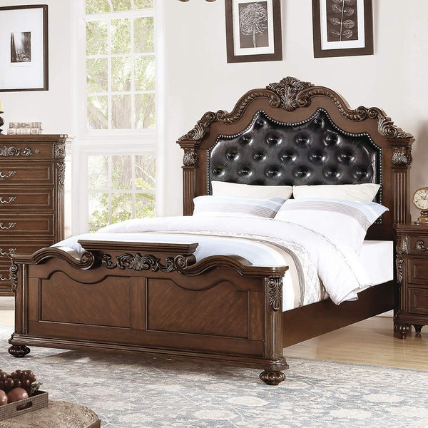 English Elm Gorgeous Victorian-Style Queen Bed Frame with Tufted Faux Leather Headboard and Floral Carvings Cherry,Walnut 72 L x 52 W x 8 H B011S01419