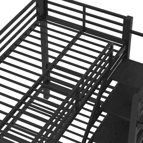 English Elm Twin L-shaped Steel Bunk Bed with Built-in Shelving and Full Guardrails Matte Black W1580S00439