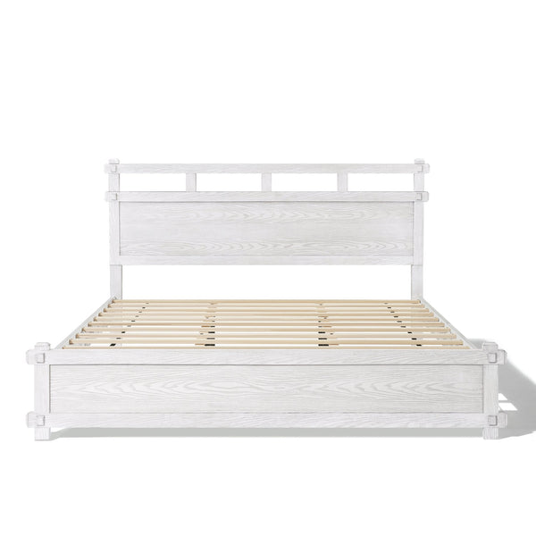 English Elm Queen Farmhouse Platform Bed Antique White Wood Grain Two-tiered Headboard Solid Frame N758P369328W