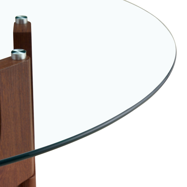 English Elm Round Tempered Glass Dining Table Sculptural Geometric Mdf Base Seats Four Compact Walnut W3875P387156