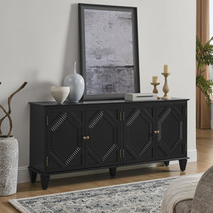 English Elm 65.2" Mid Century Sideboard Buffet with Fluted Geometric Doors, Spacious Adjustable Shelves & Brass Accents Black W1801P346229