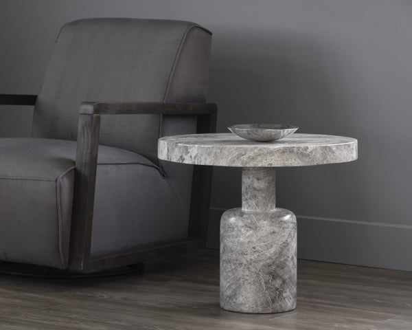 Sunpan Elmira Elegant Round Side Table with Grey Faux Marble Finish for Chic Indoor & Outdoor Spaces