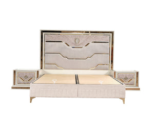 English Elm Omari Modern 4-Piece Queen Bedroom Set With Hydraulic Storage Bed & Gold Accents In Elegant Beige B009S01395
