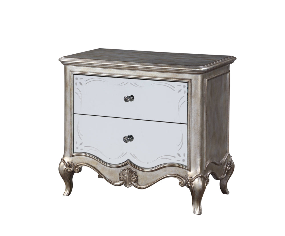 English Elm Esteban Antique Champagne Nightstand with Mirrored Fronts, Felt-Lined Drawer, Crystal Knobs B2726P257373