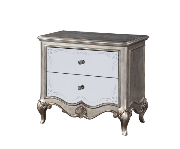 English Elm Esteban Antique Champagne Nightstand with Mirrored Fronts, Felt-Lined Drawer, Crystal Knobs B2726P257373
