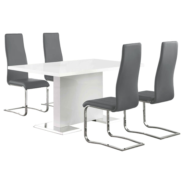 English Elm Wenzl Five Piece Gloss White Dining Set with Chrome Frames and Grey Leatherette Chairs B062S01399