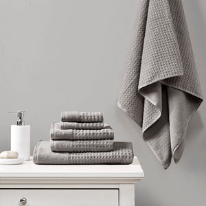JLA Home Madison Park - Cotton Waffle Jacquard Antimicrobial Spa Towel Set — 6-Piece 600gsm Quick-Dry, OEKO-TEX Certified Charcoal MP73-7179