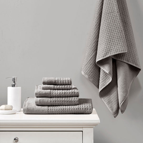 JLA Home Madison Park - Cotton Waffle Jacquard Antimicrobial Spa Towel Set — 6-Piece 600gsm Quick-Dry, OEKO-TEX Certified Charcoal MP73-7179