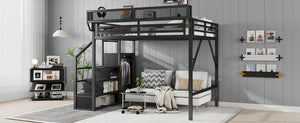 English Elm Full Size Metal Loft Bed with Stair Storage and Built-in Wardrobe for Kids W2580S00058