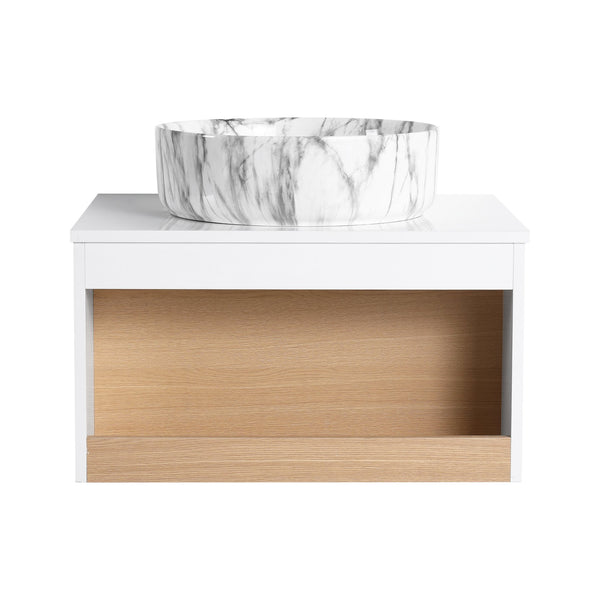 English Elm 24" Floating Vanity with Marble Vessel Sink Open Wood Shelf Spa Style Bath W3450S00054