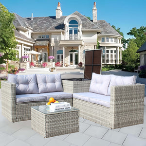 English Elm 4 Piece Patio Sectional Wicker Rattan Outdoor Furniture Sofa Set with Storage Table, Beige Cushions, Tempered Glass Grey W209S00014