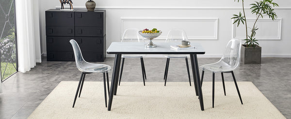 English Elm Table and Chair Set Marble Glass Top with Black Mdf Shelf Four Transparent Seats W1151S04663