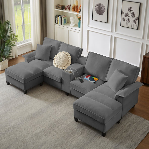 English Elm 120" Modular Corduroy Sectional Sofa Bed with Storage, U-Shaped 4-Seater, Cup Holders & Console Gray W1359S00012
