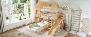 English Elm Twin Over Full Playhouse Bunk Bed with Slide Ladder Storage Shelves and Wardrobe W5305S00040