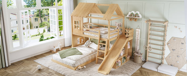English Elm Twin Over Full Playhouse Bunk Bed with Slide Ladder Storage Shelves and Wardrobe W5305S00040