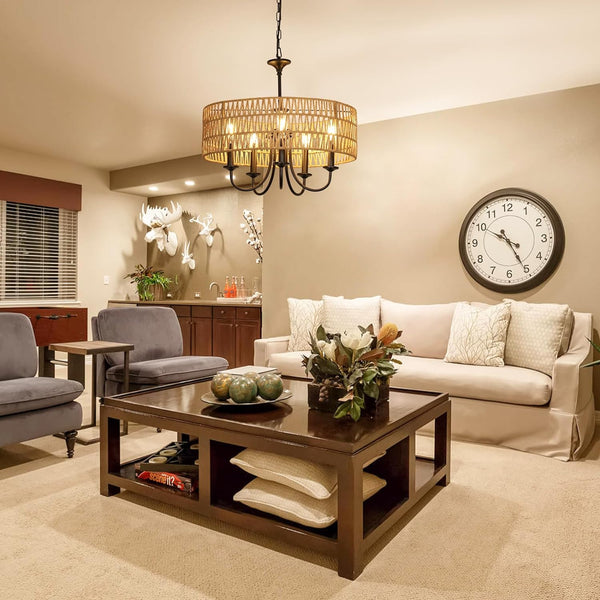 English Elm Modern 5-Light Rattan Chandelier Pendant Light, Hand-Woven Wicker Shade, Adjustable Farmhouse Glow W2738P185434