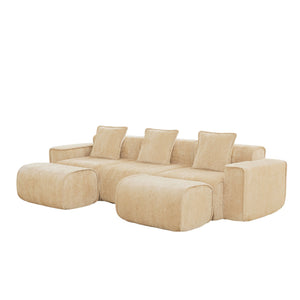 English Elm Streamlined Velvet U-shape Modular Sectional Sofa with Ottomans French Piping Cloud Foam Light Camel W3041S00353